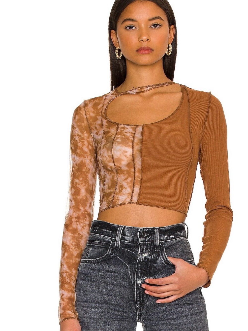 superdown Brown Mixed-Media Asymmetrical Cutout Long Sleeve Top